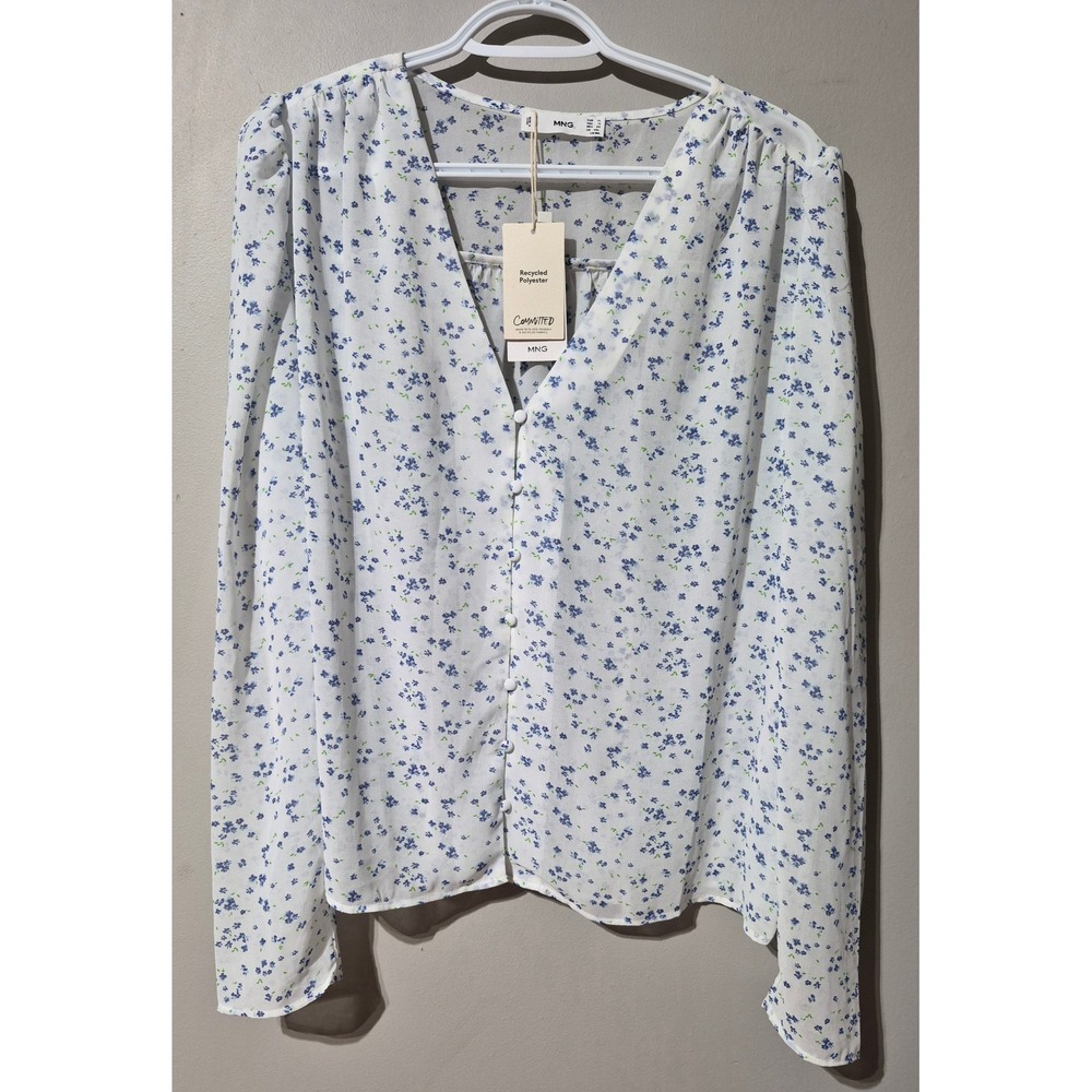 MNG Mango Floral V-Neck Button‎ Front Blouse White Blue Recycled Polyester XL 10